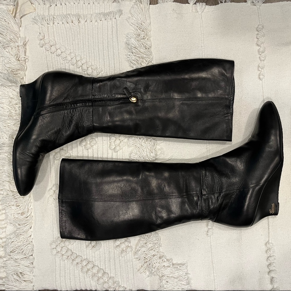 RARE Gucci Designer Black Leather Knee High Wedge Luxury Boots Size 40 - Picture 2 of 15